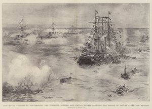 Our Naval Visitors at Portsmouth, the Combined English and Italian Fleets saluting the Prince of Wales after the Review